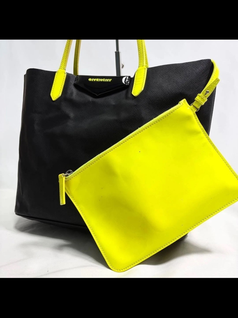 Givenchy Black Tote with Neon Yellow Pouch and Handles